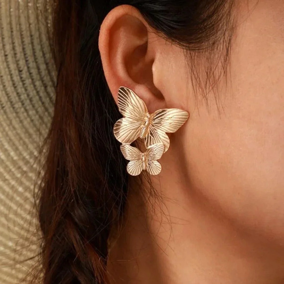 Gold Double Butterfly Wings Stud Earrings - Picture 1 of 4